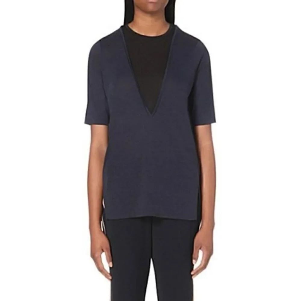 Vince Navy Black Jersey Two Tone Lightweight Dark Blue Coastal Blouse Womens Siz